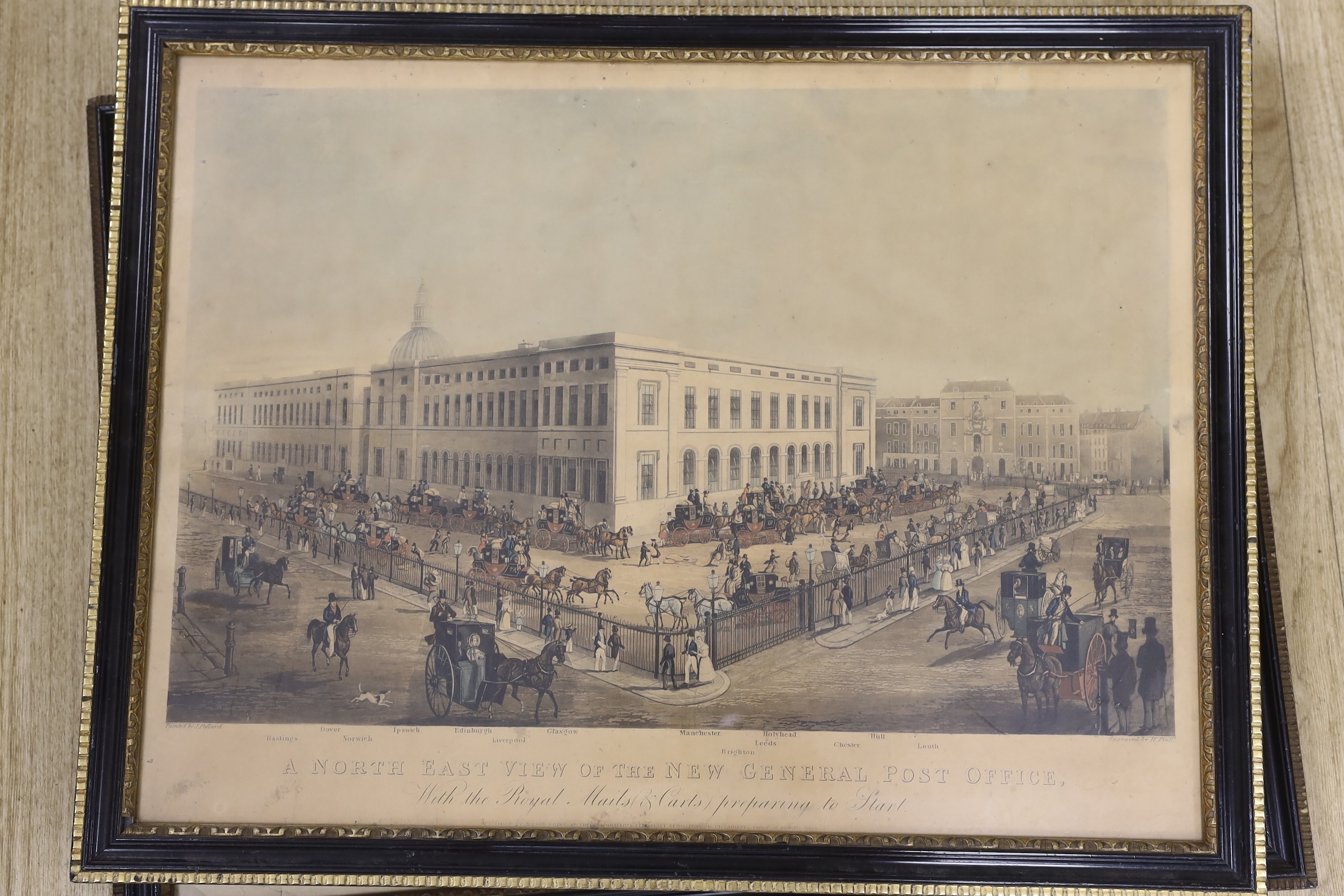 Rosenberg after James Pollard, two coloured aquatints, 'North East View of the New General Post Office' and 'The Grand Entrance to Hyde Park', largest overall 46 x 62cm